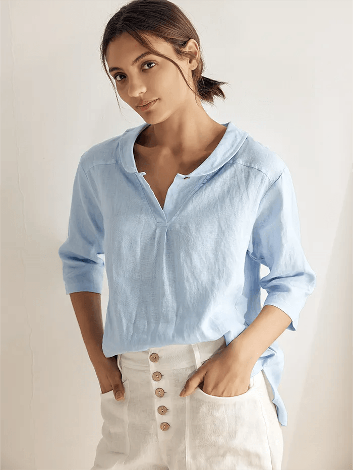 100% Linen Shawl V-Neck Half Sleeve Top JADE
