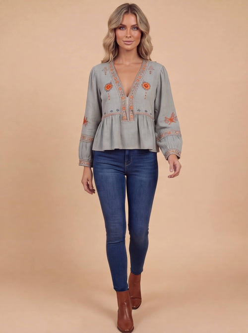 Women’s Top – Embroidered Long Sleeve Summer Blouse