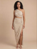 Women’s One-Shoulder Ruched Top and Maxi Skirt Set