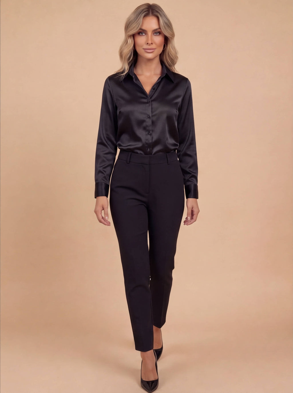 Satin Button Blouse with Lapel Collar
