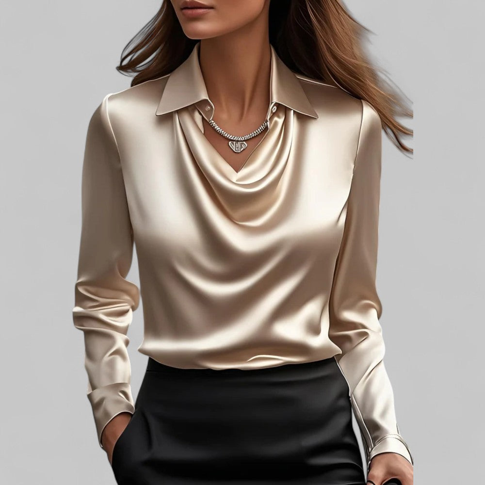 Kendra | Dames Satijnen Blouse met Watervalhals en Lange Mouwen