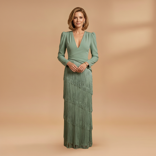 Women's Banquet Dress with V-Neck and Pleated Tassel Hem