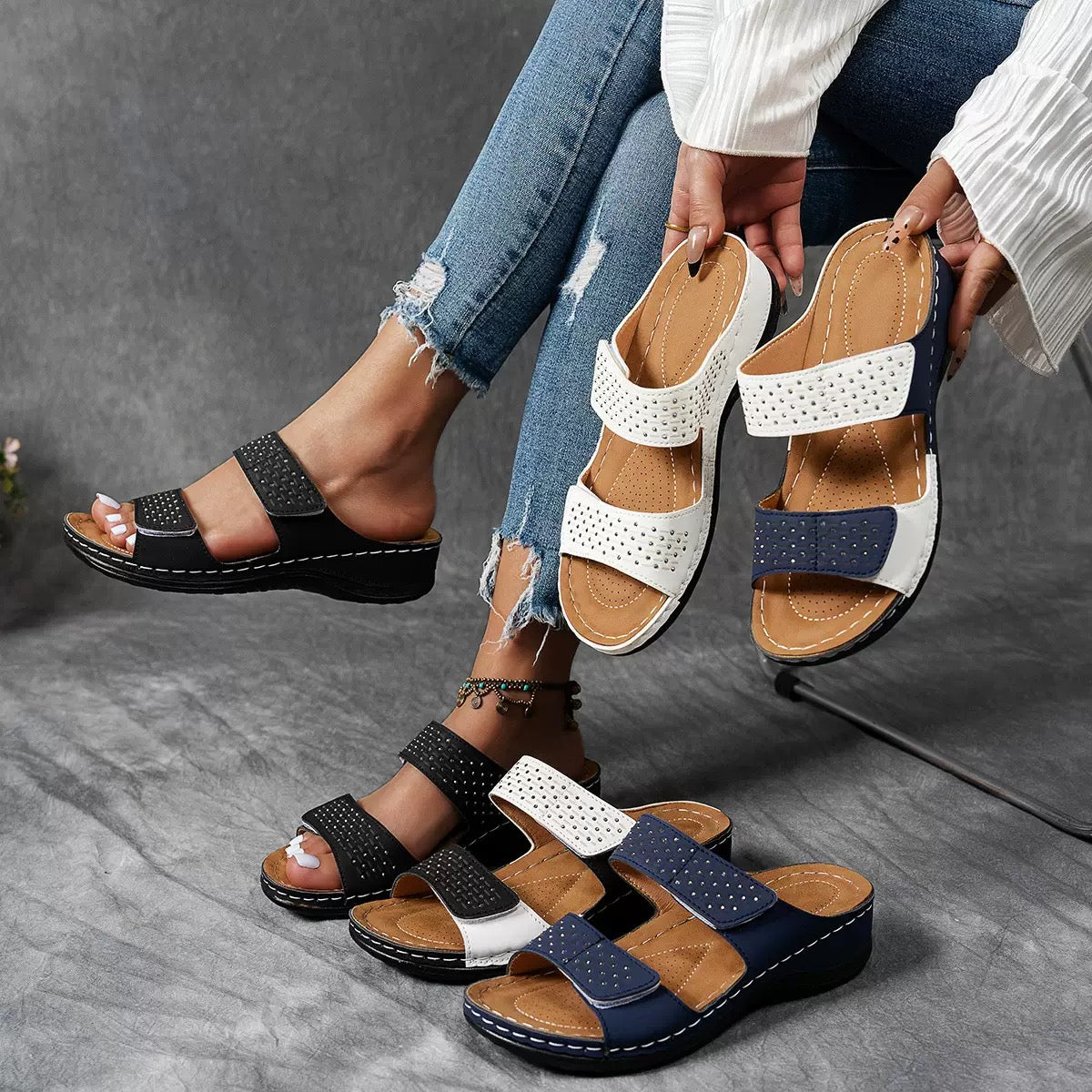 Faye | Women's Studded Double Strap Wedge Mule