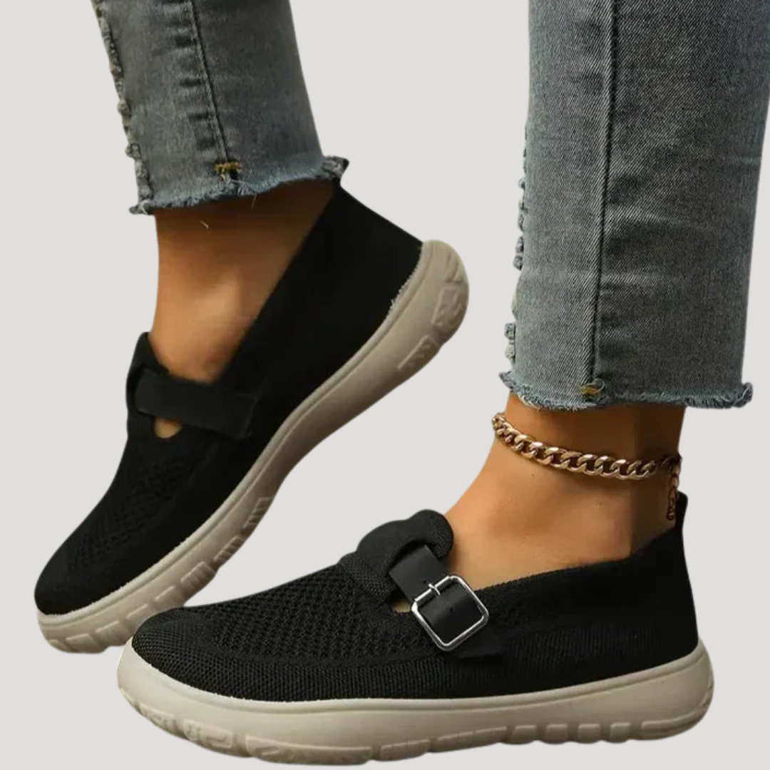 Women’s Comfortable Slip On Knit Loafers with Buckle Detail