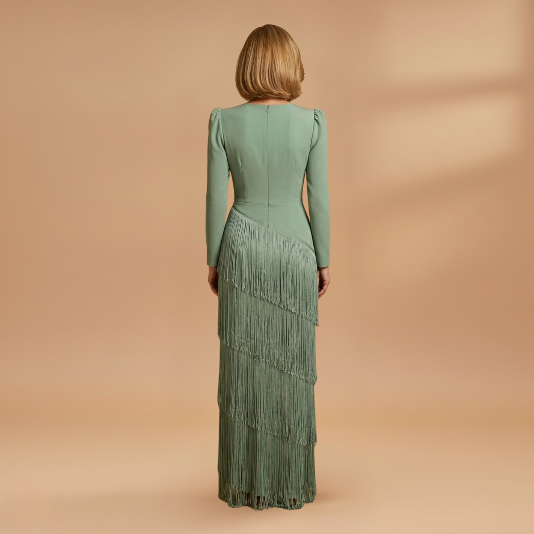 Women's Banquet Dress with V-Neck and Pleated Tassel Hem