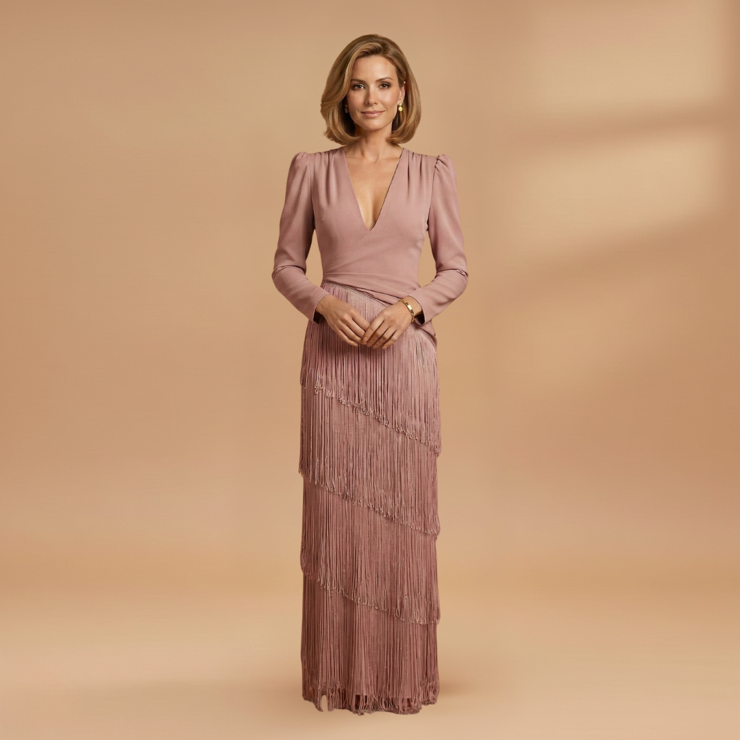 Women's Banquet Dress with V-Neck and Pleated Tassel Hem