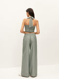 Striped Button-Detail Halter Top With Pants Set