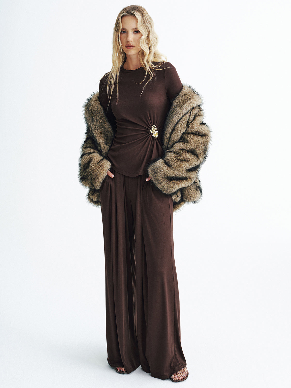 Metal Detail Top and Wide-Leg Pants Set