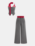 Contrast Lace Cami Vest & Pants Set with Scarf