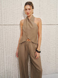 Smei-Sheer Halter Neck Top & Wide Leg Pants Set