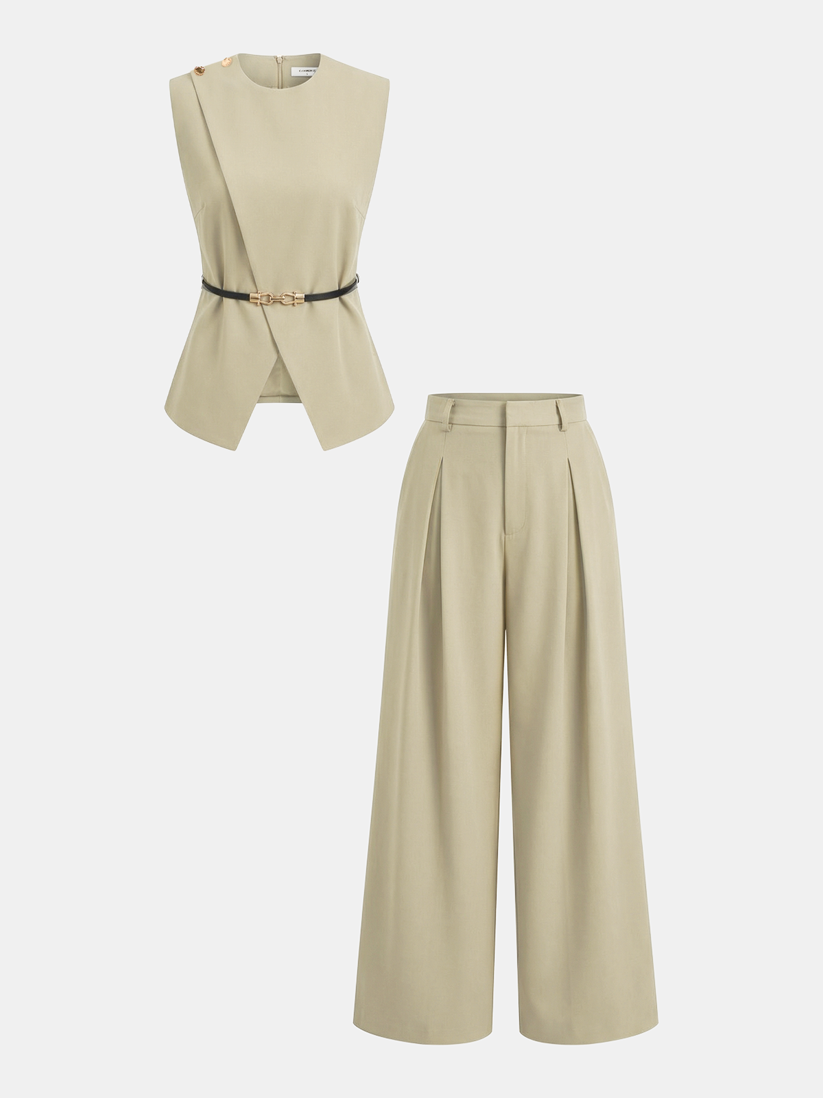 Semi-Sheer Sleeveless Belted Top & Pleated Pants Set