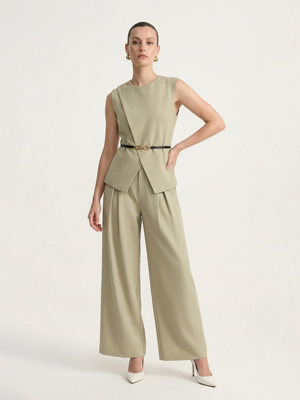 Semi-Sheer Sleeveless Belted Top & Pleated Pants Set