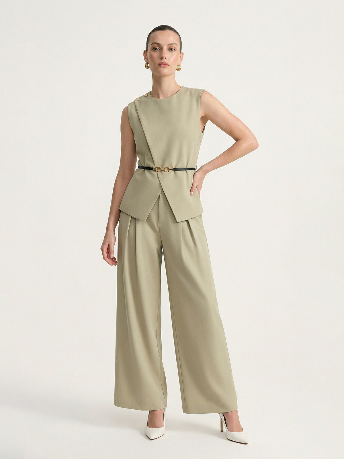Semi-Sheer Sleeveless Belted Top & Pleated Pants Set