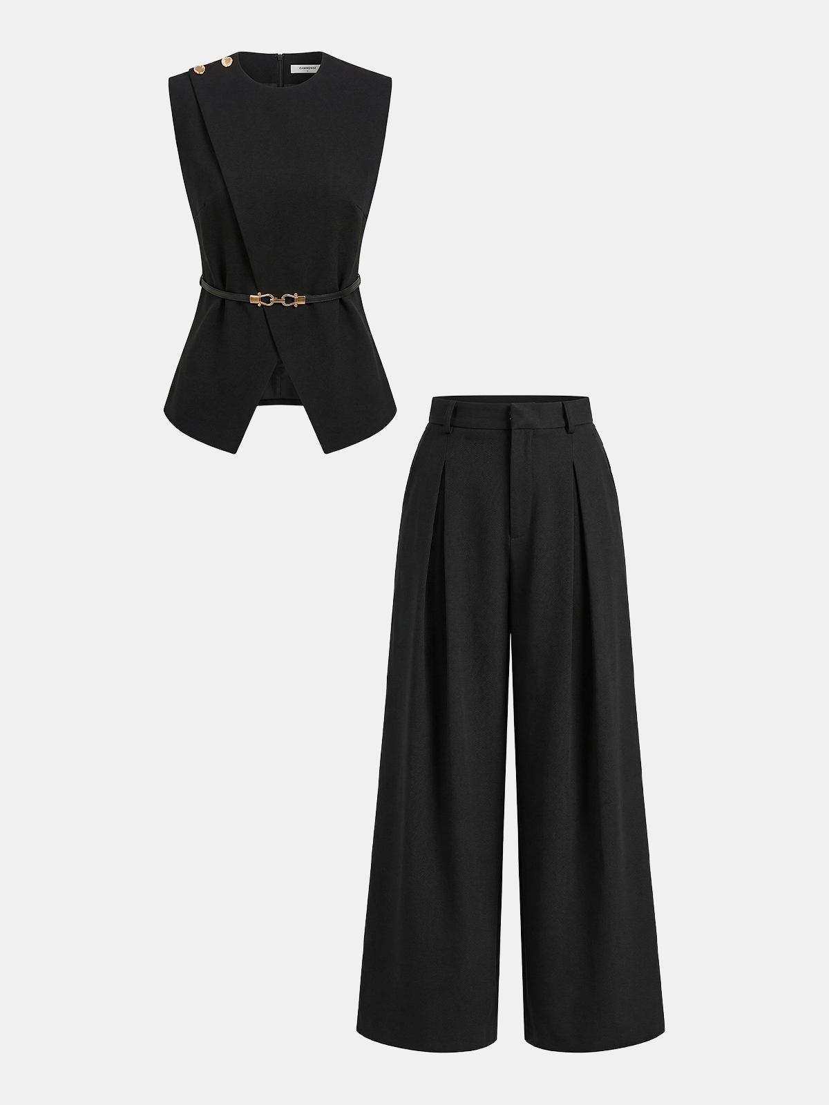 Semi-Sheer Sleeveless Belted Top & Pleated Pants Set