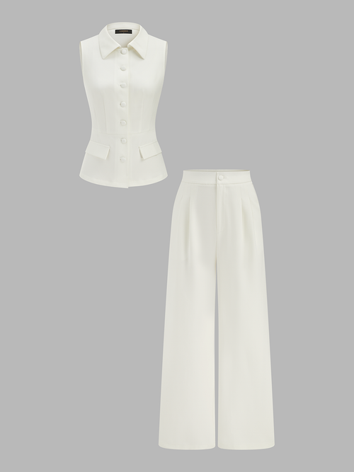 Collared Cotton Linen Vest & Pants Set
