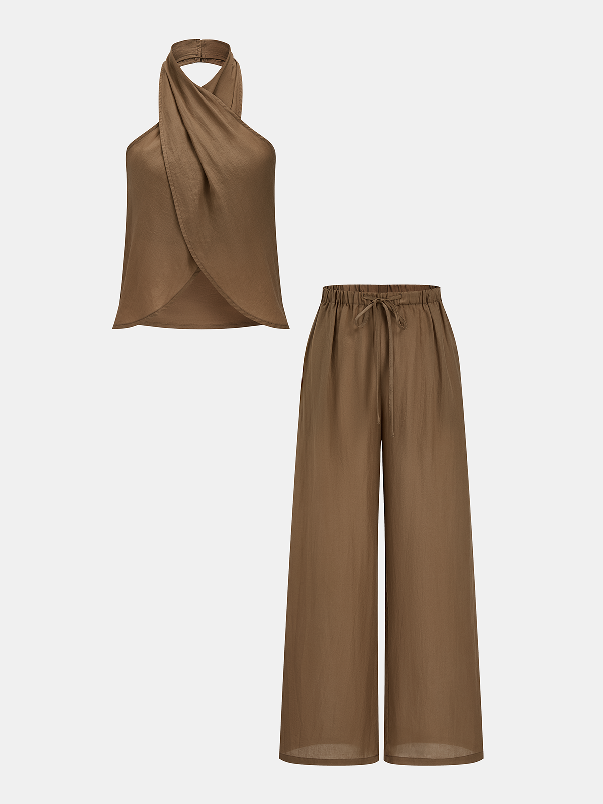 Smei-Sheer Halter Neck Top & Wide Leg Pants Set