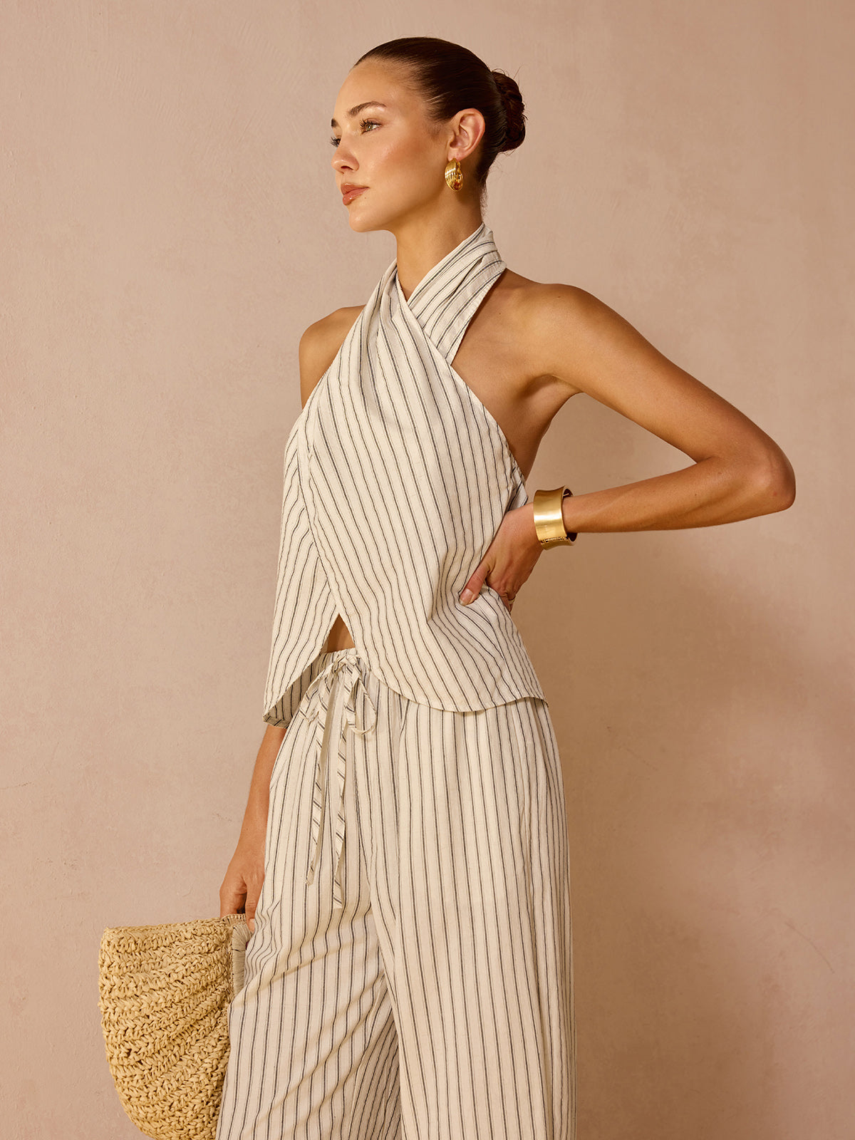Striped Cotton Linen Halter Top & Pant Set