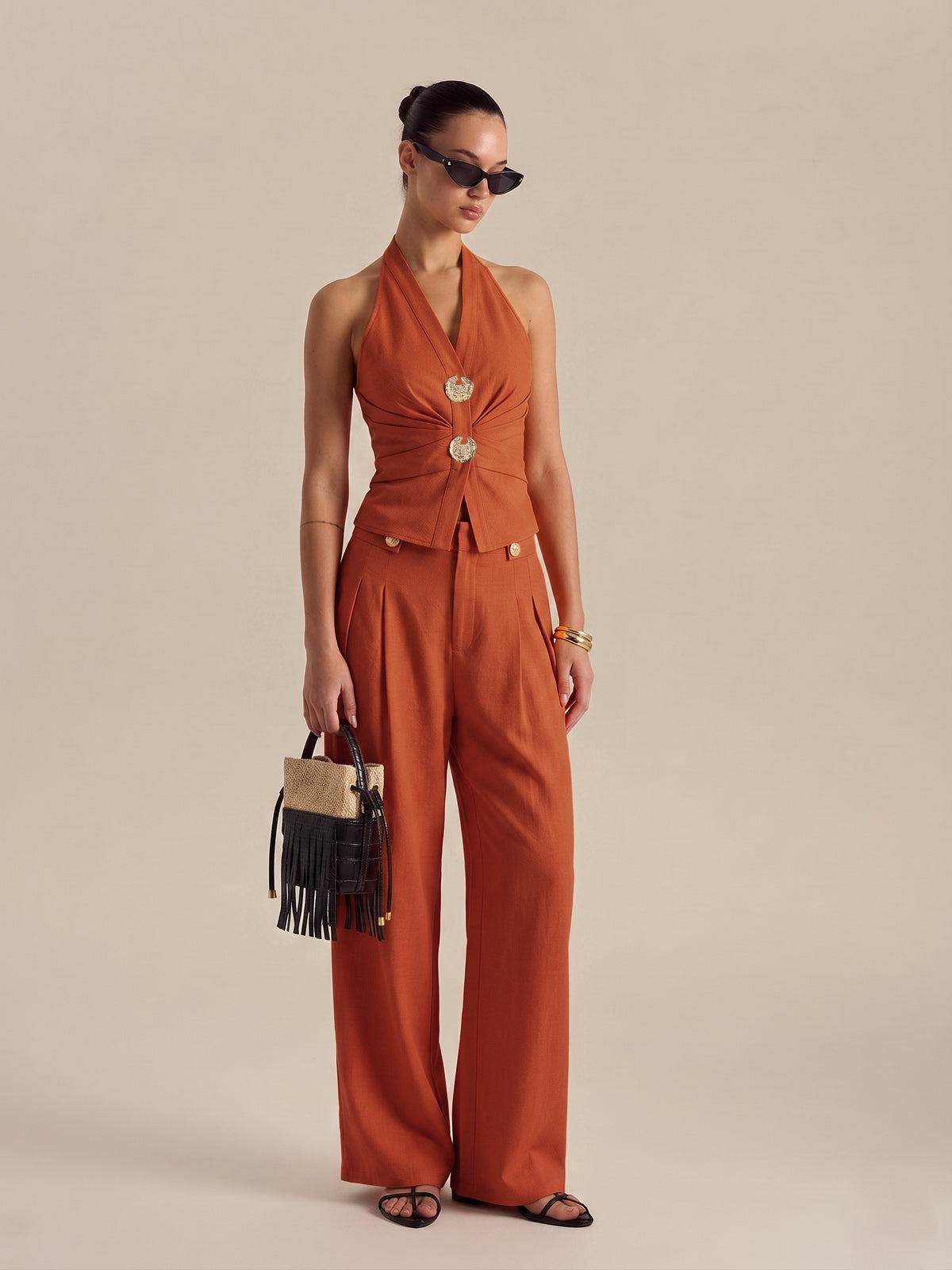 Linen Blend Halter Ruched Top & Pants Set