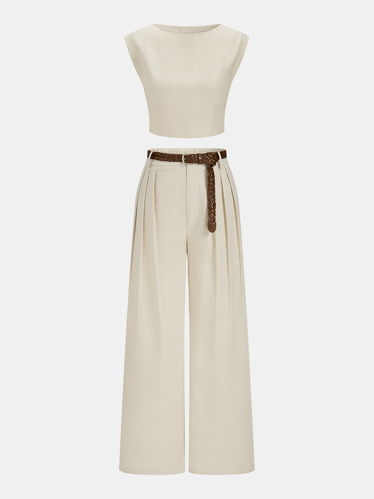 Linen-Blend Crop Top & Belted Pleated Pants Set