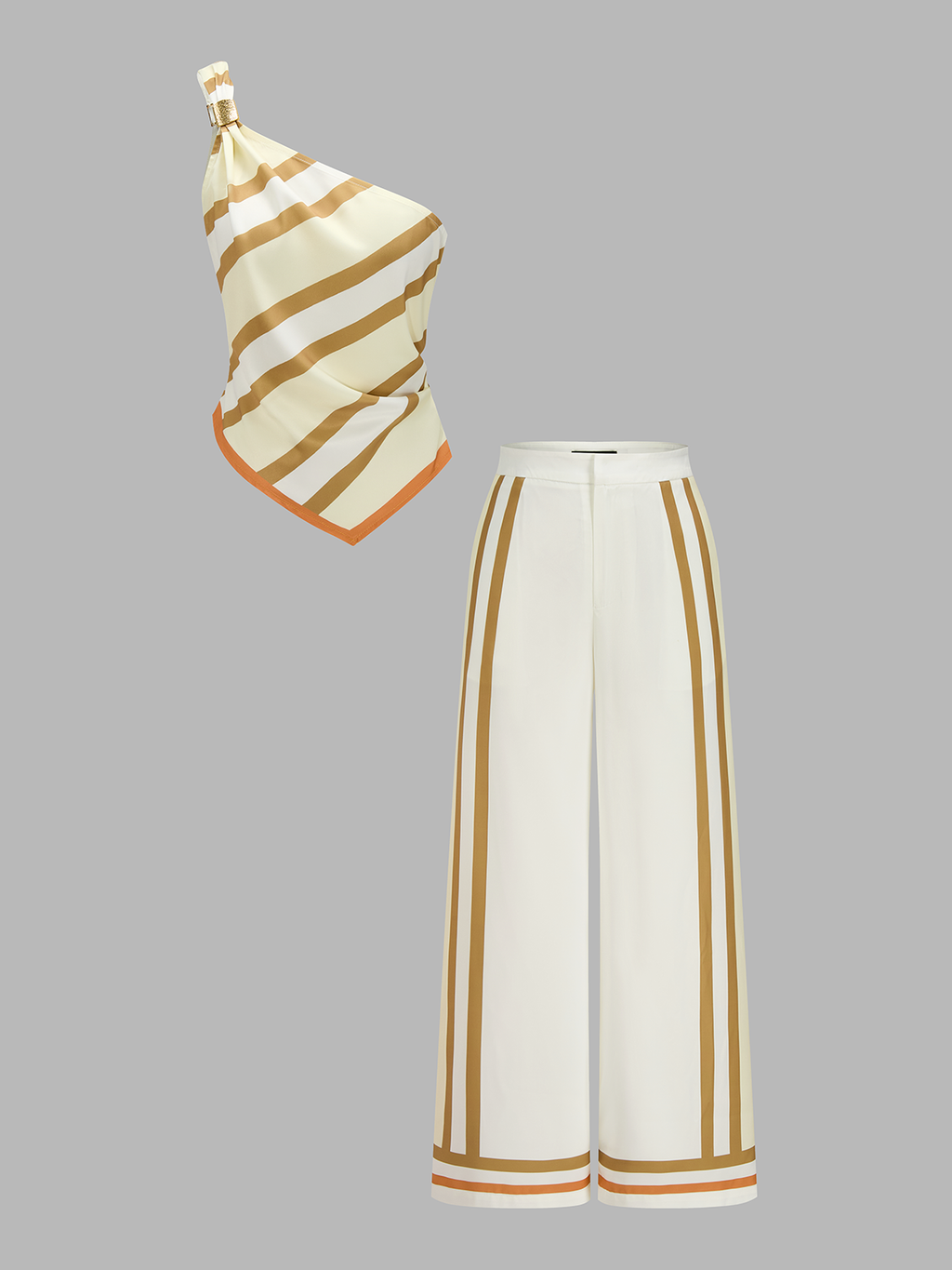Striped One Shoulder Satin Top & Pants Set