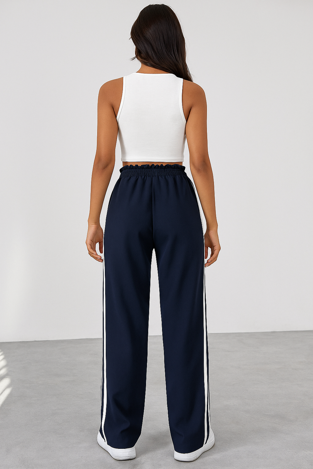Dames Sportieve High-Waisted Joggingbroek – Zwart met Witte Strepen, Casual Sportkleding voor Vrije Tijd