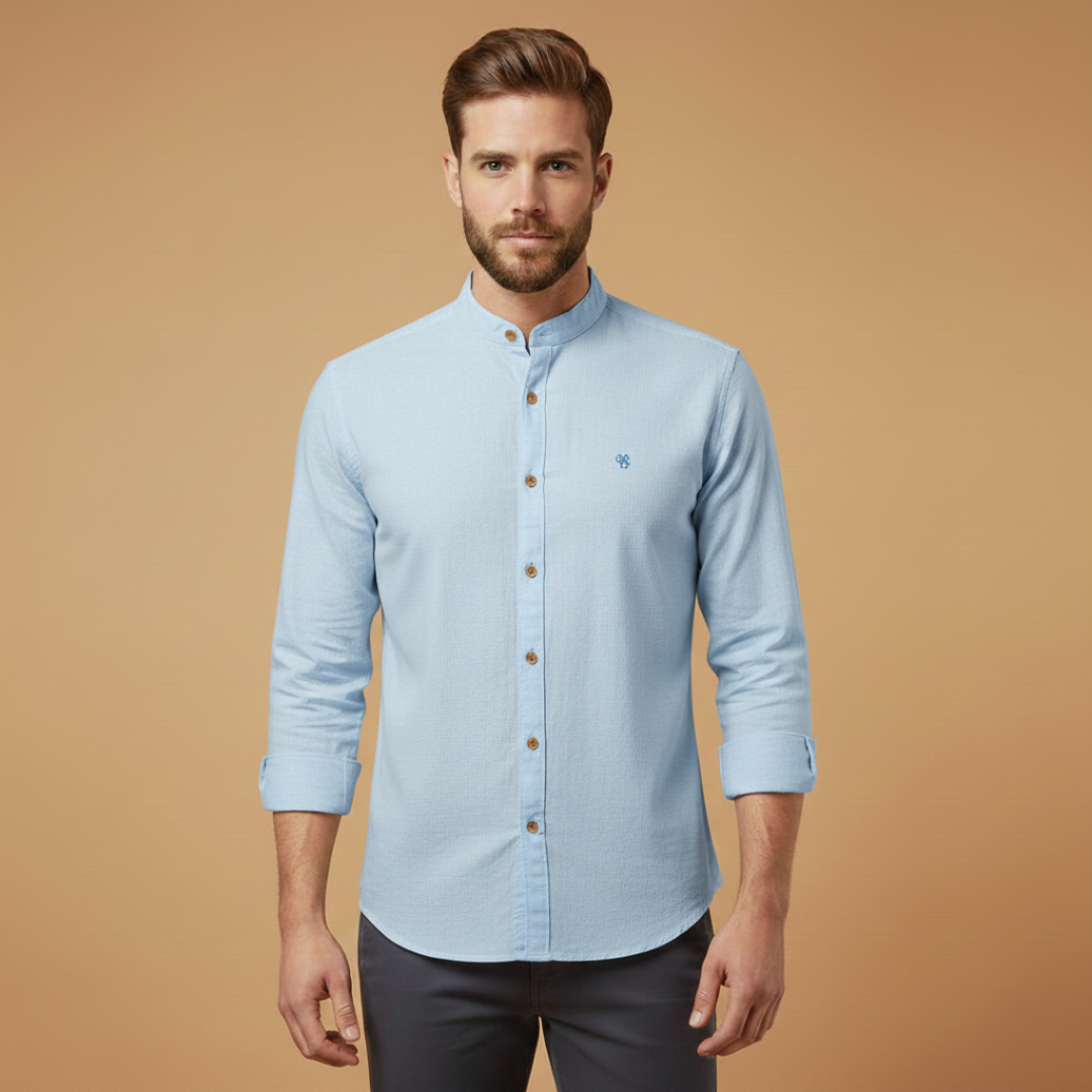Men’s shirt with stand collar and button closure