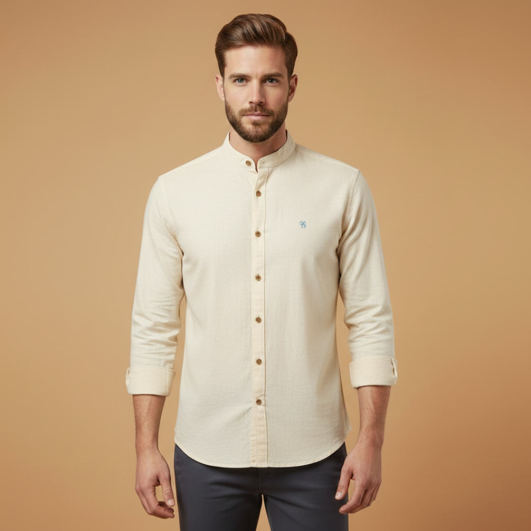 Men’s shirt with stand collar and button closure