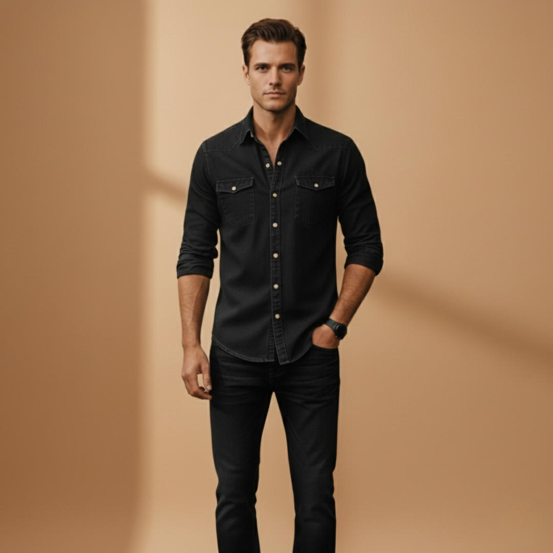 Men’s denim shirt with button closure and chest pockets