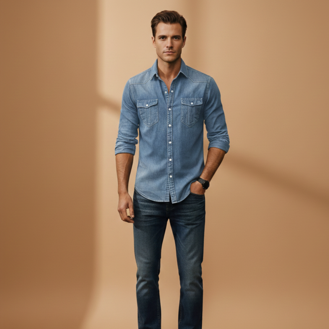 Men’s denim shirt with button closure and chest pockets
