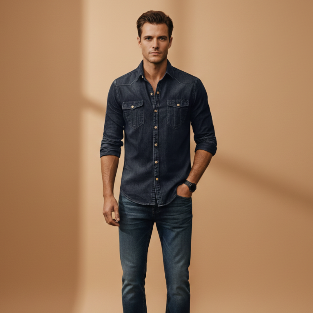 Men’s denim shirt with button closure and chest pockets