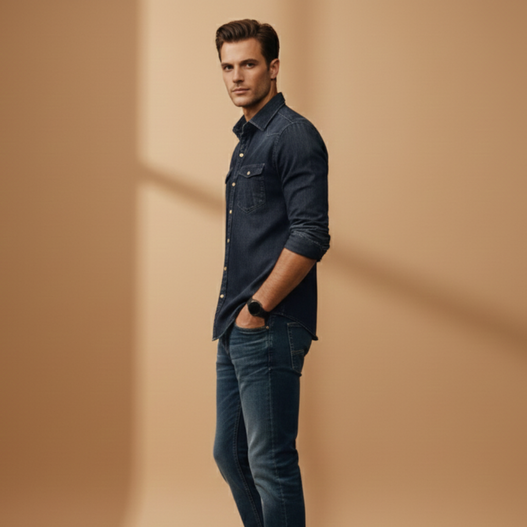 Men’s denim shirt with button closure and chest pockets