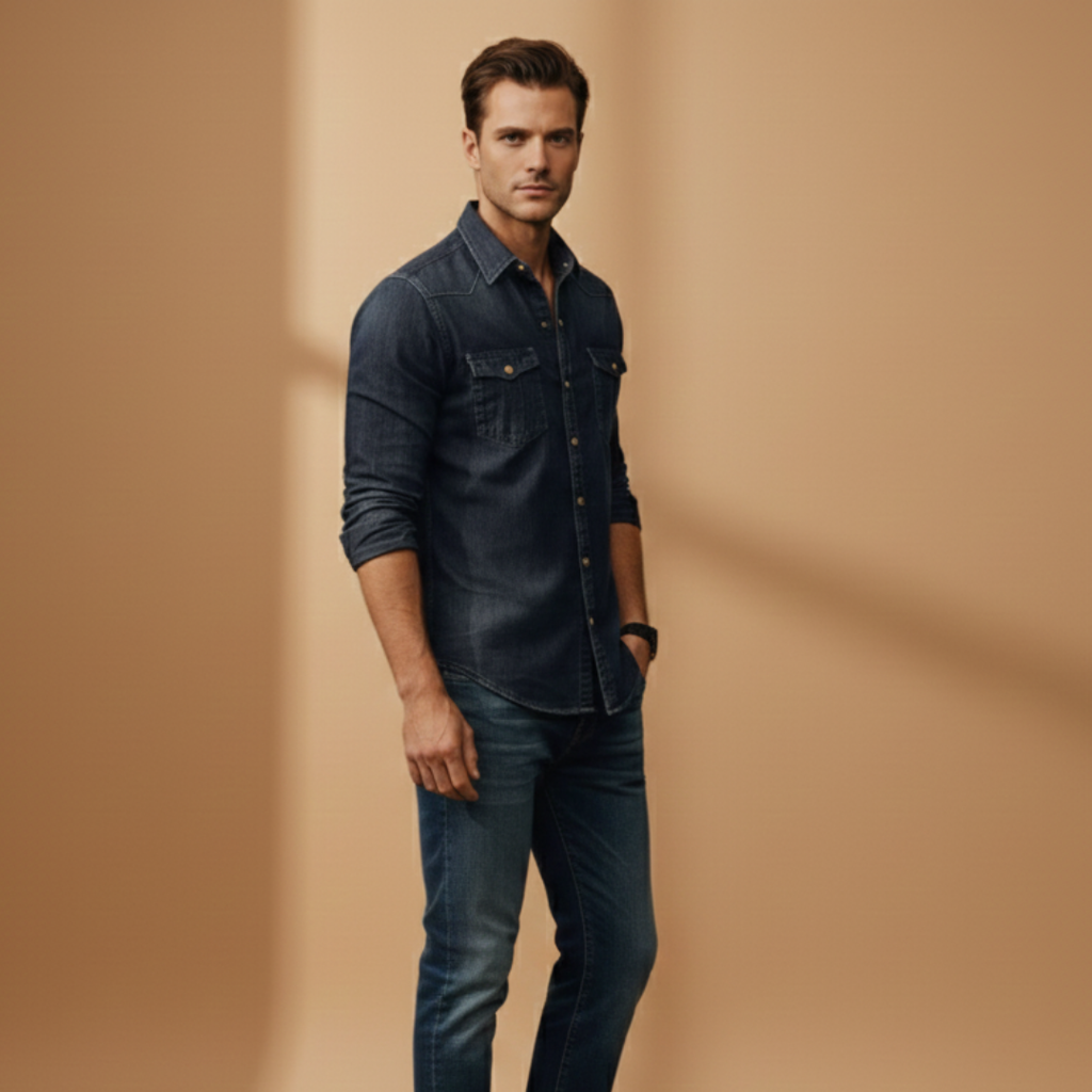 Men’s denim shirt with button closure and chest pockets