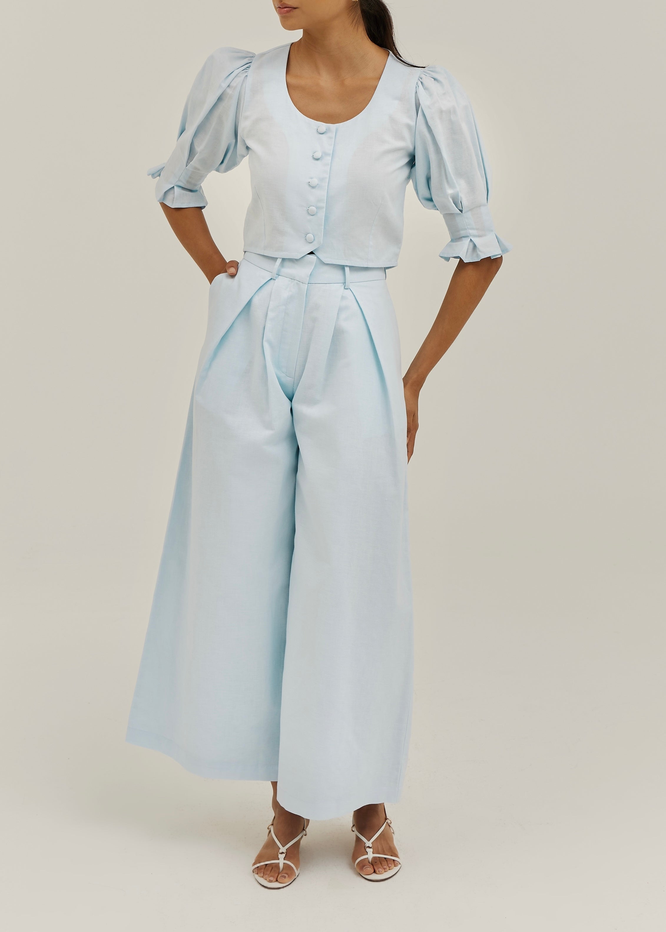 Ellina Timeless Wide Leg Linen Trouser | Pastel Blue
