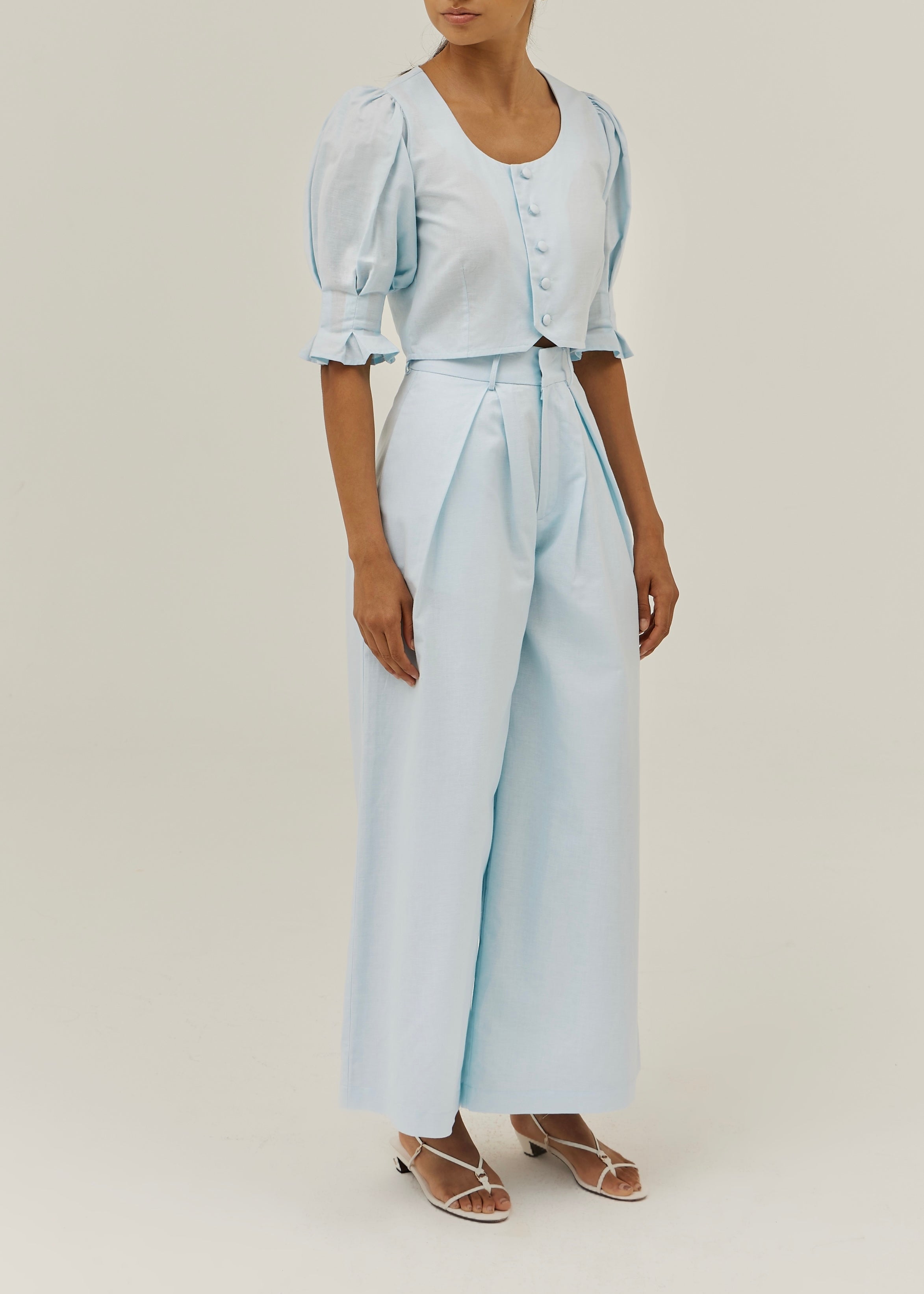 Ellina Timeless Wide Leg Linen Trouser | Pastel Blue