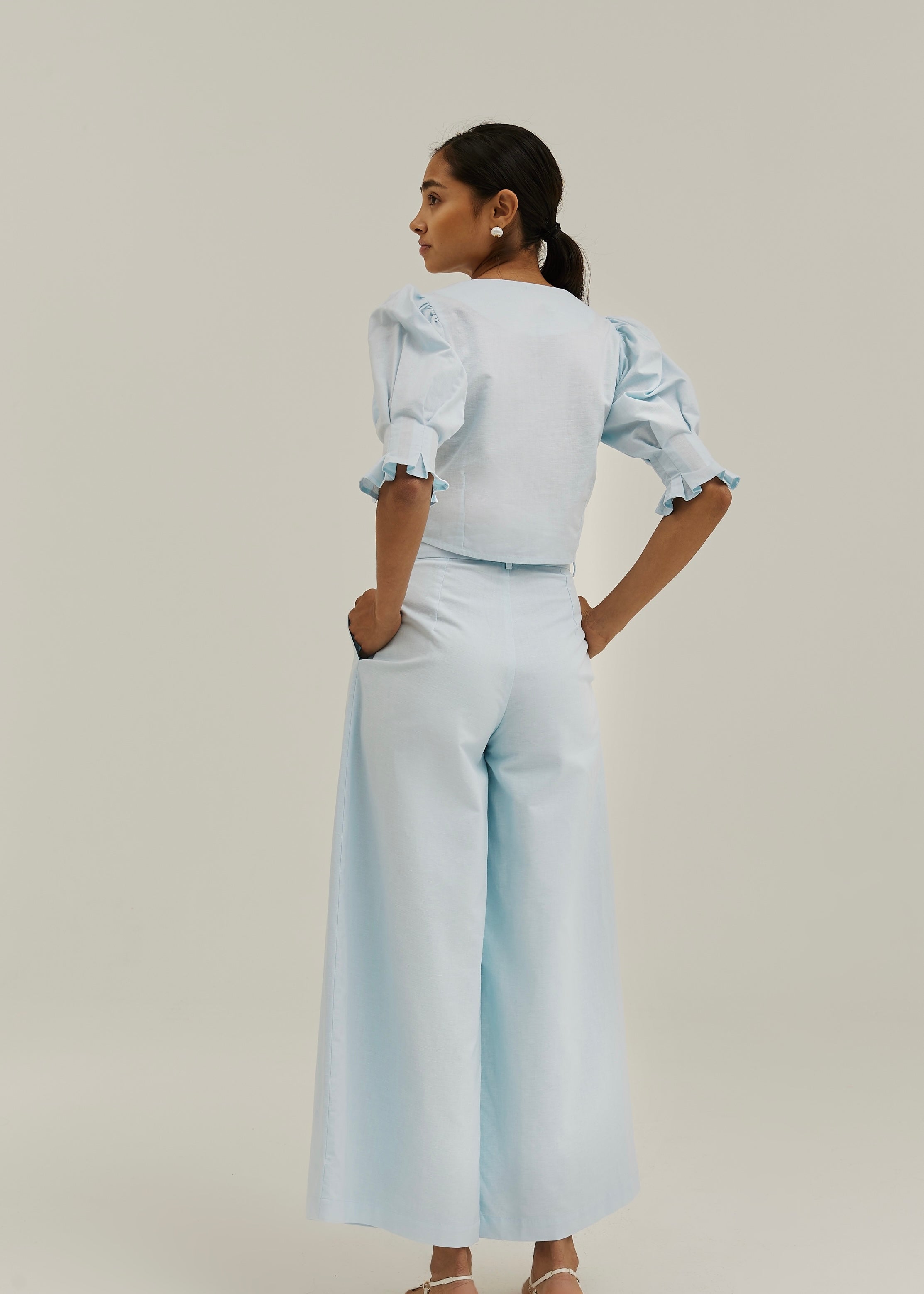 Ellina Timeless Wide Leg Linen Trouser | Pastel Blue