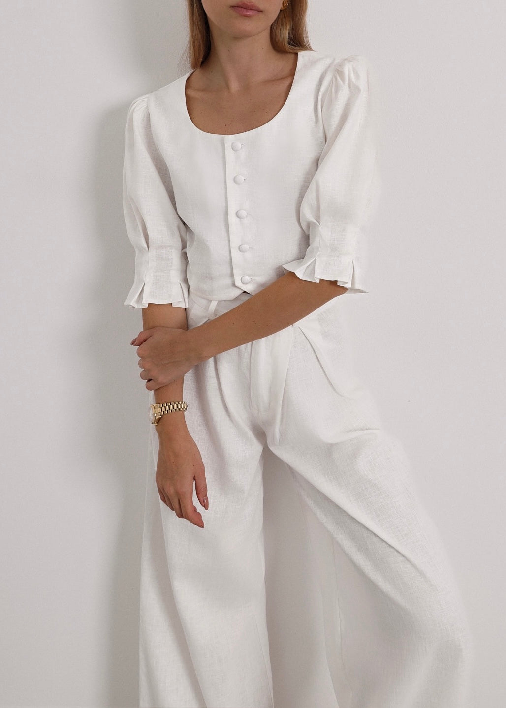 Ellina Timeless Wide Leg Linen Trouser | White