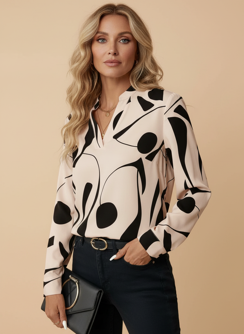 Women’s Elegant Abstract Blouse – Split Neck Design