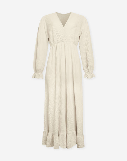 MOUSSELINE MAXI RUFFLE DRESS ZAND