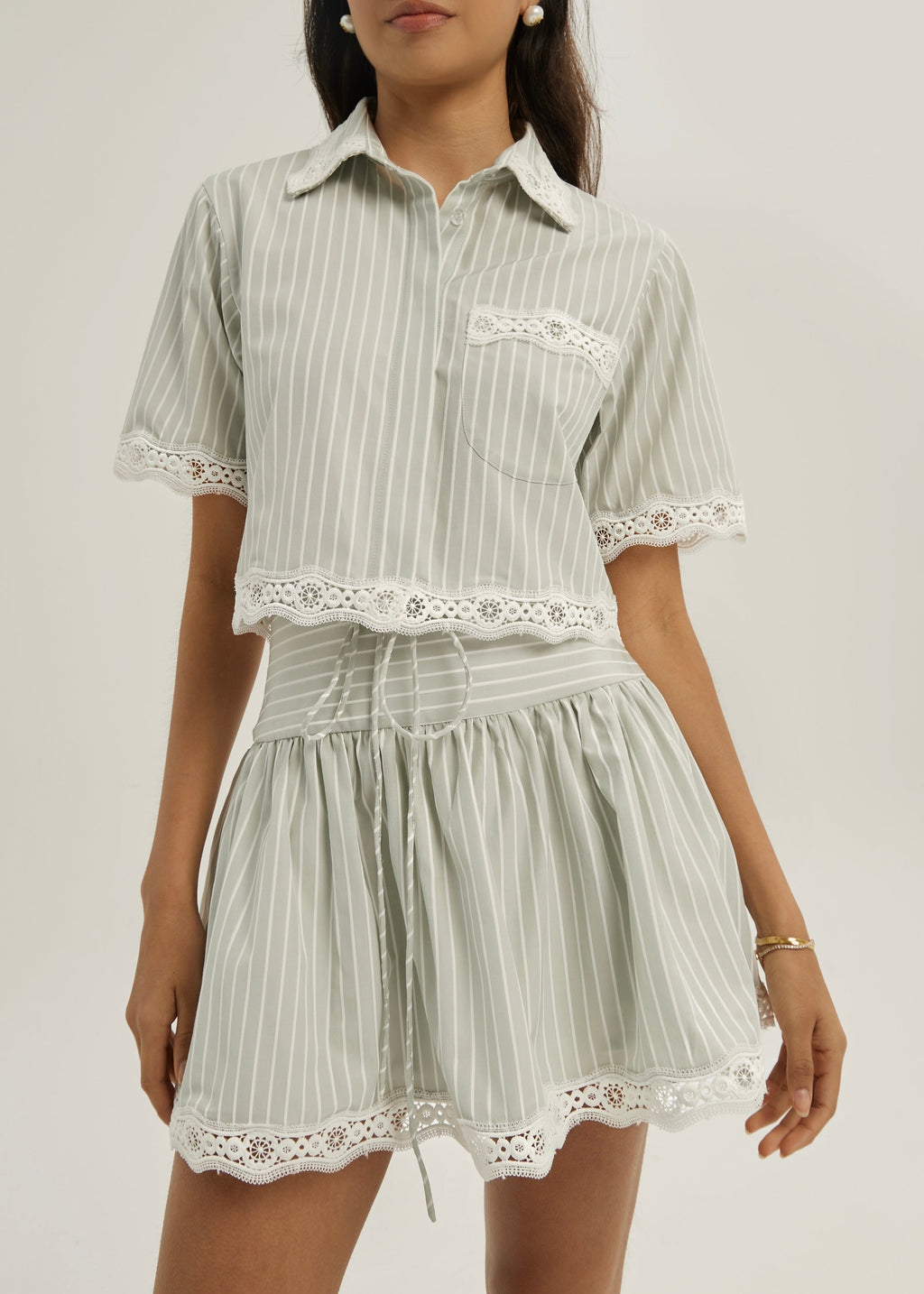 Marie Lace Trim Stripe Skort | Matcha/White