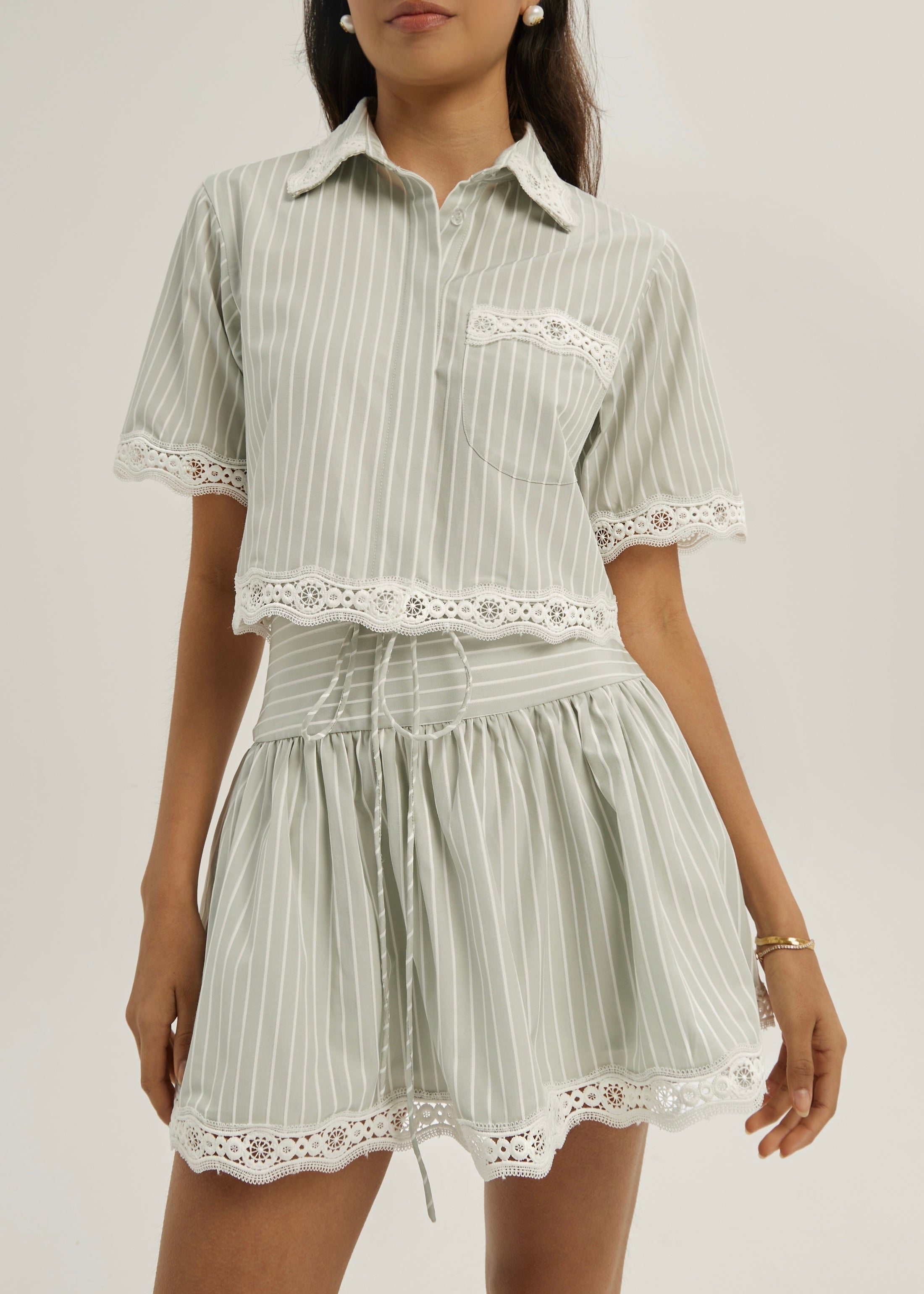 Marie Lace Trim Stripe Skort | Matcha/White