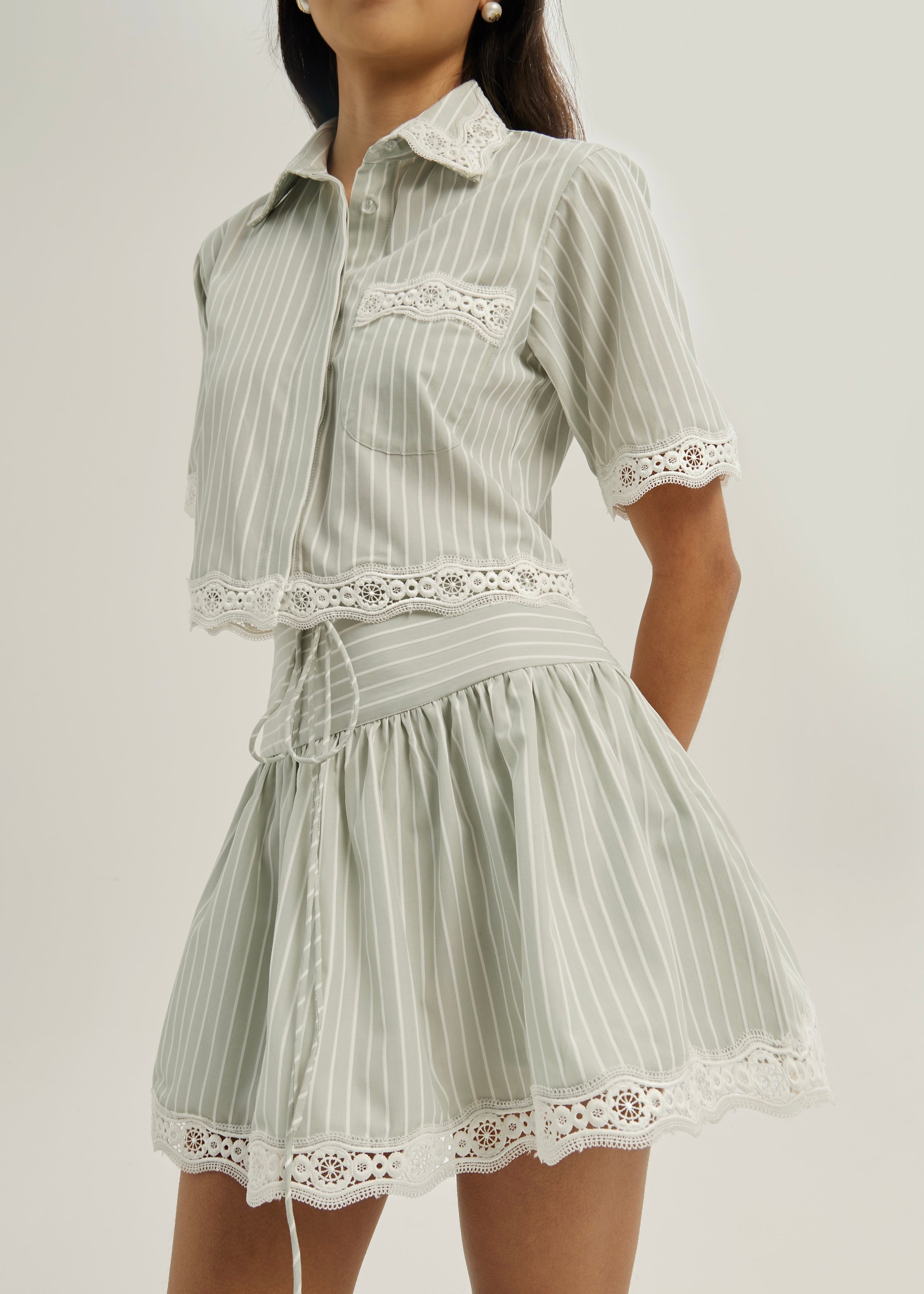 Marie Lace Trim Stripe Skort | Matcha/White