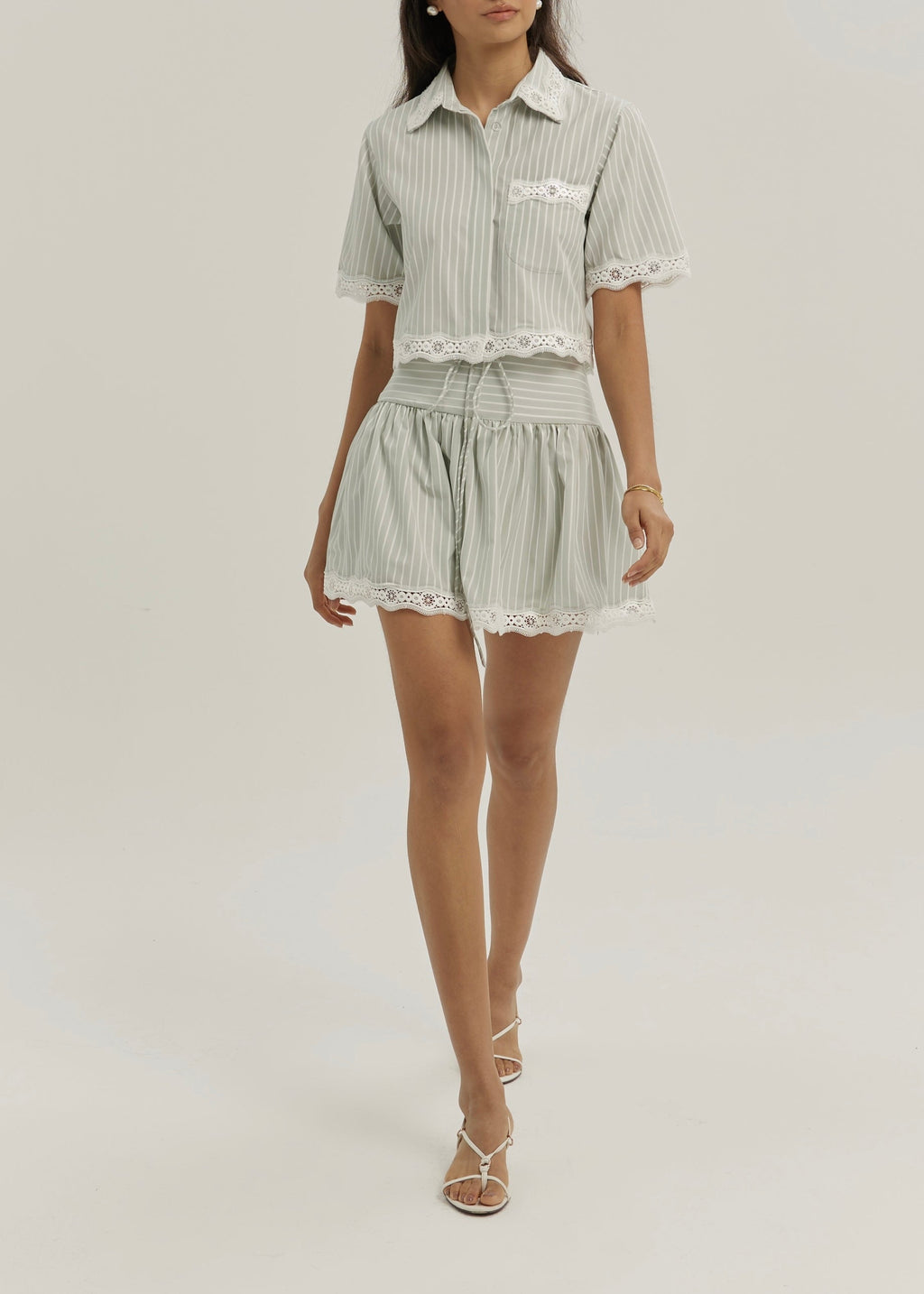 Marie Lace Trim Stripe Skort | Matcha/White