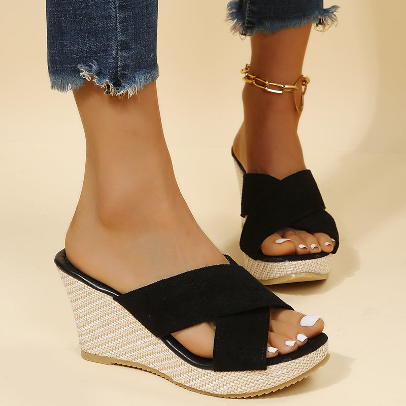 Tess | Women's Suede Cross Strap Espadrille Wedge Mule