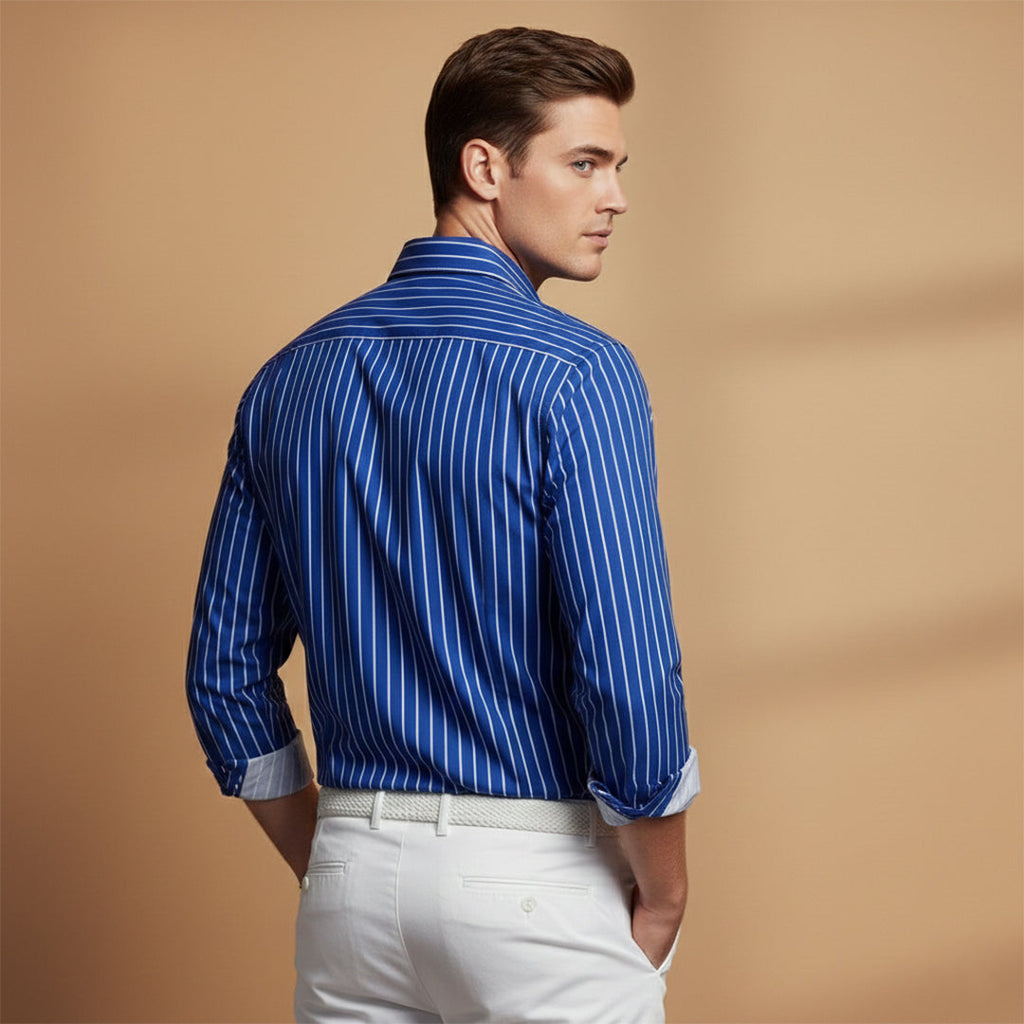 Men's Casual Shirt with Horizontal Stripes and Notched Collar