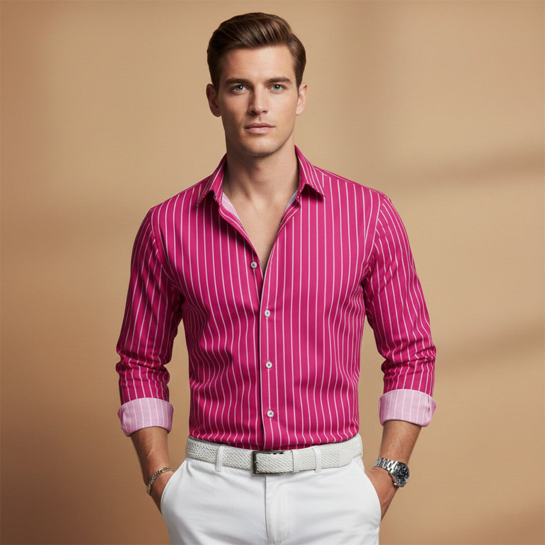 Men's Casual Shirt with Horizontal Stripes and Notched Collar