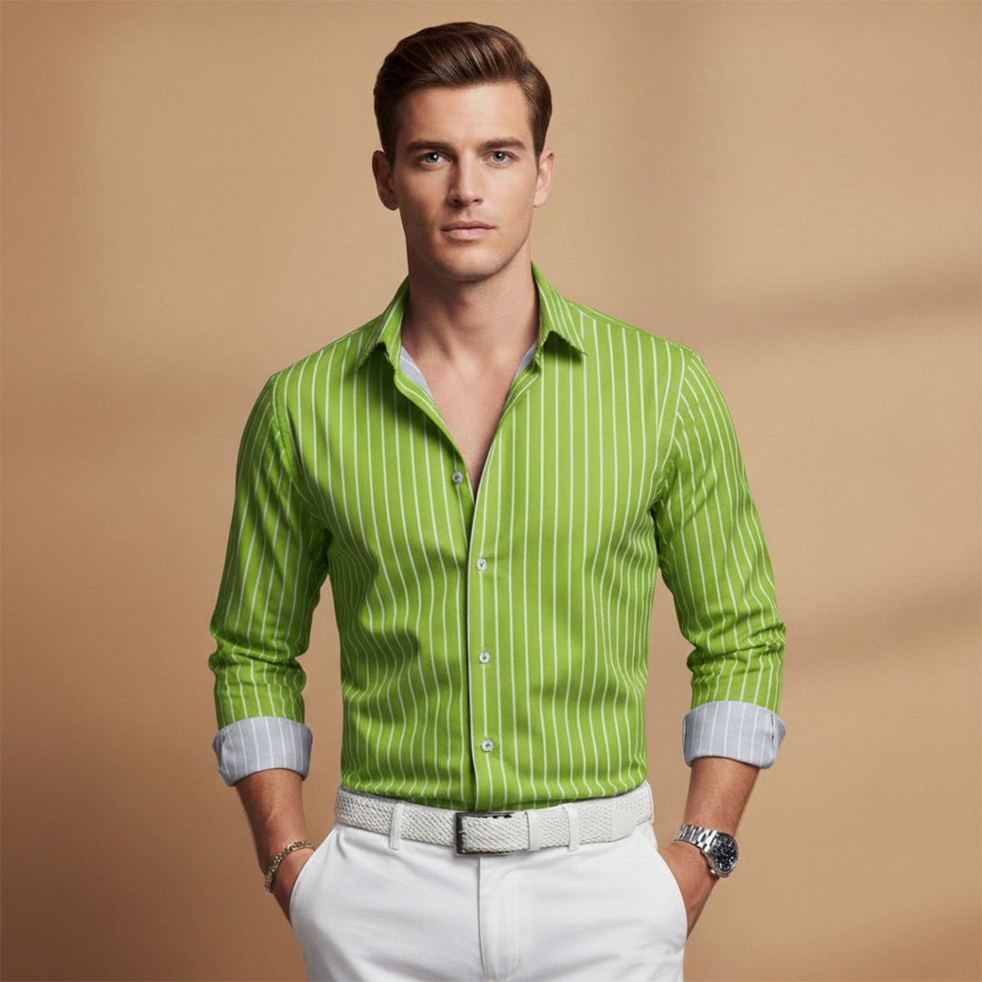 Men's Casual Shirt with Horizontal Stripes and Notched Collar