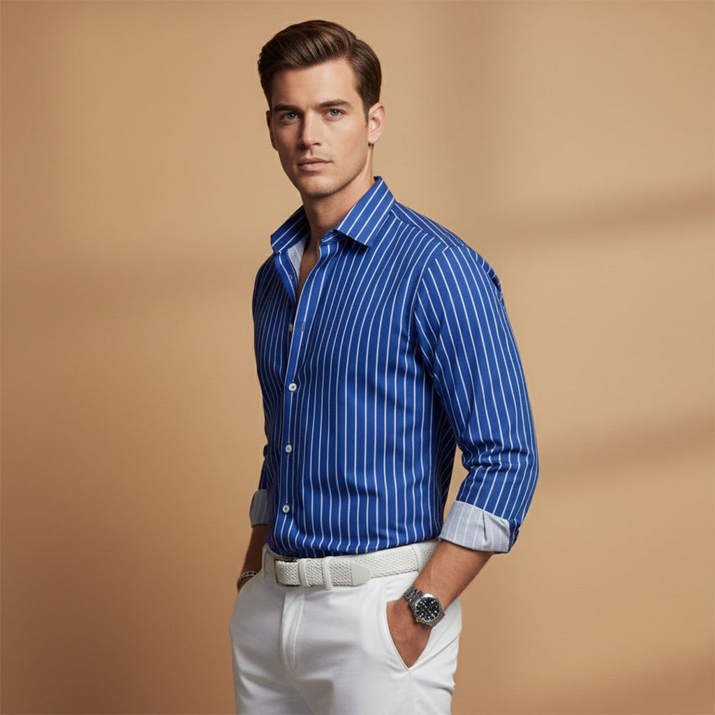 Men's Casual Shirt with Horizontal Stripes and Notched Collar