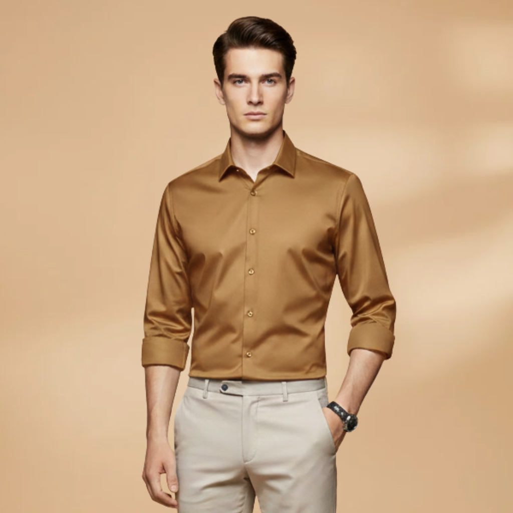 Men's Shirt with Collar Button Placket and Long Sleeves