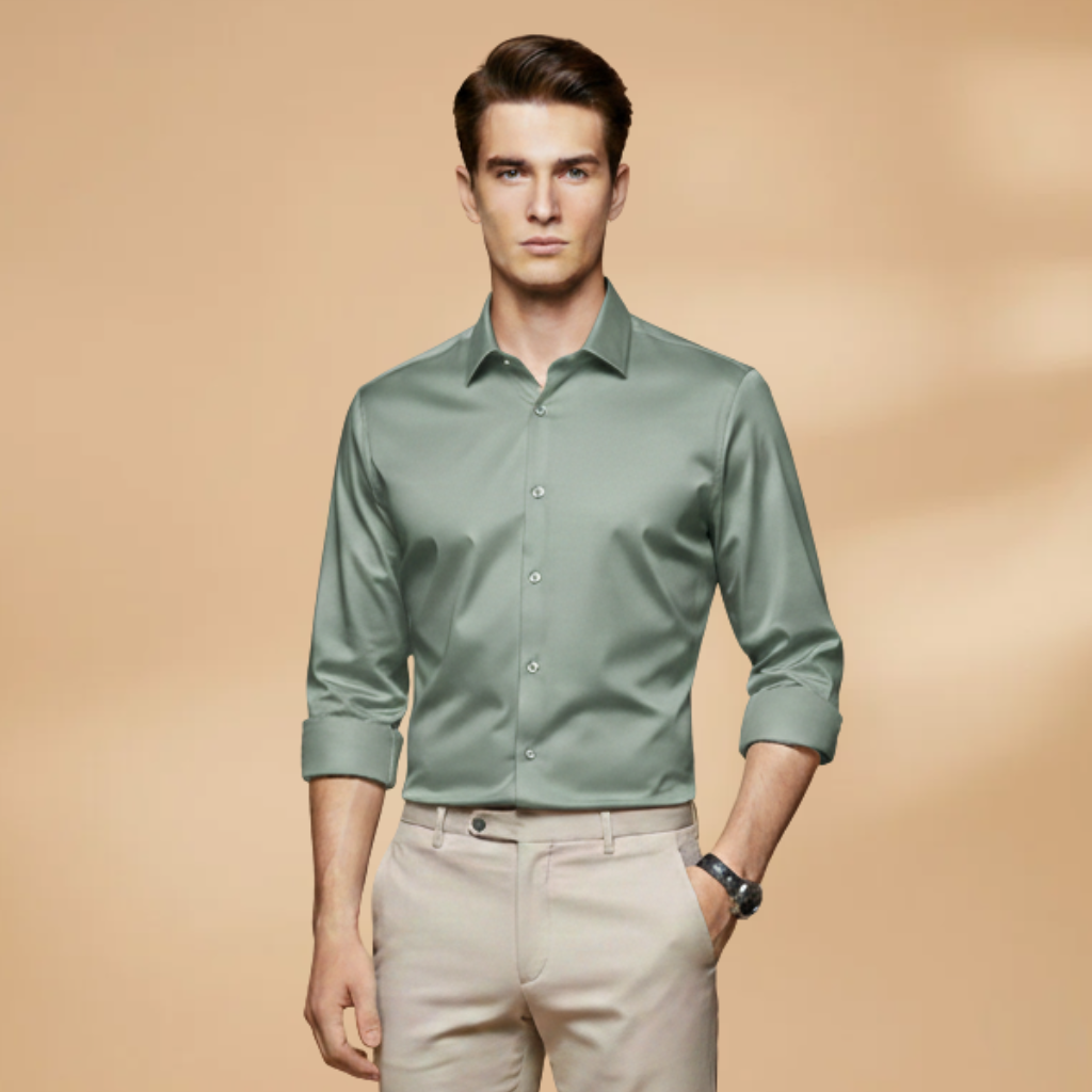 Men's Shirt with Collar Button Placket and Long Sleeves