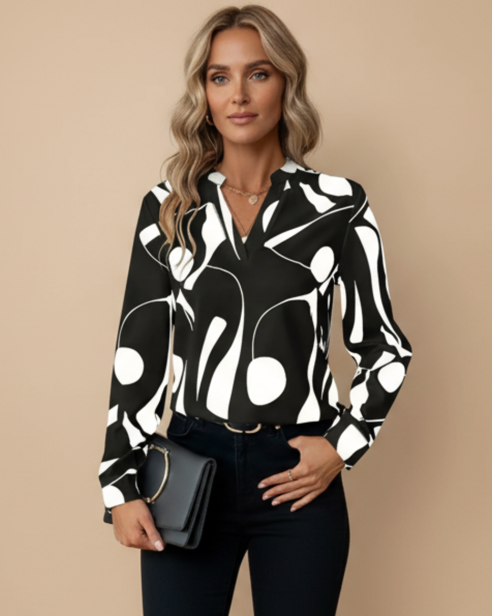 Women’s Elegant Abstract Blouse – Split Neck Design